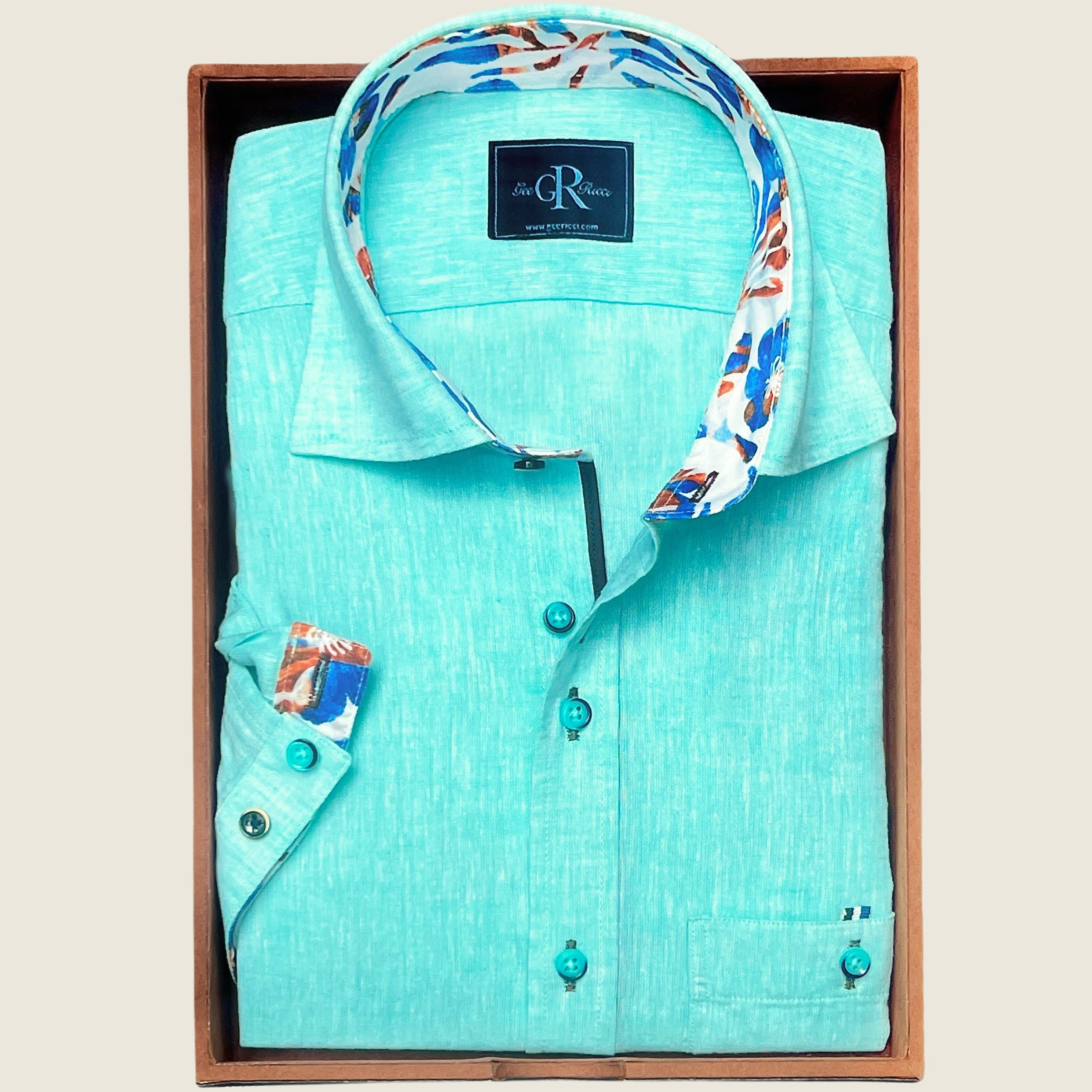 Turquoise cotton and linen short sleeve men’s shirt with concealed button-down collar, available in sizes 38–49