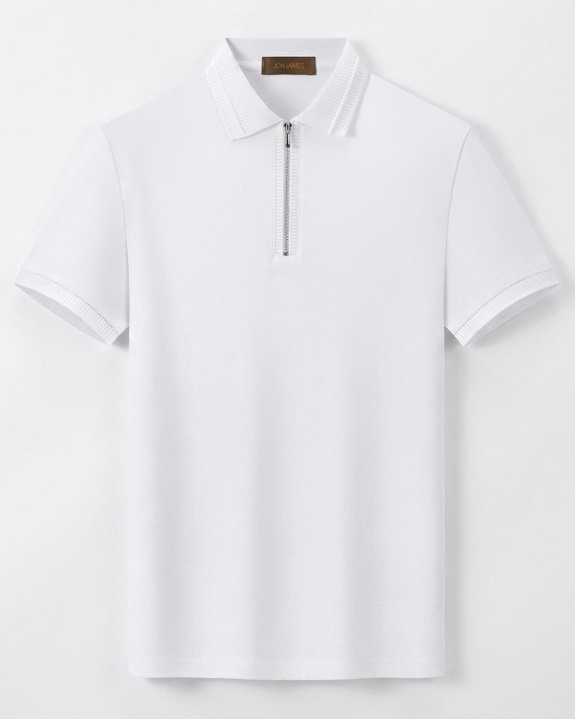 White polo shirt with a zipper on a light gray background