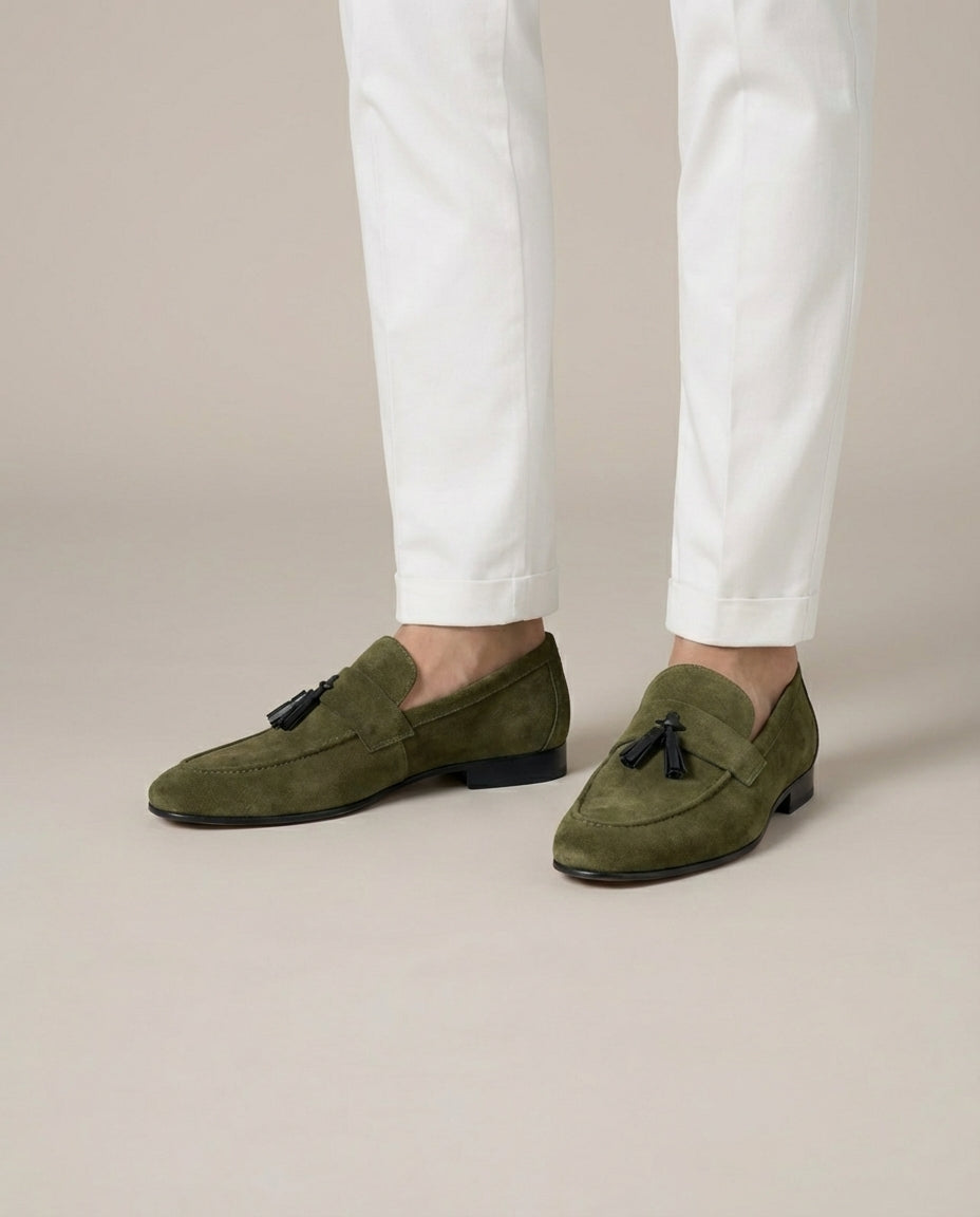 Olive Suede Tassel Loafers