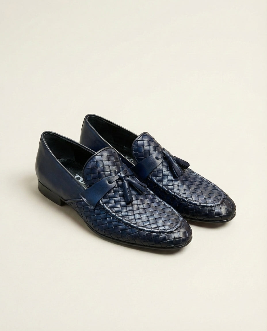 Navy Basket Weave Tassel Loafers display picture 1
