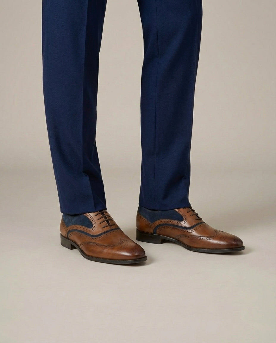 Tan and Navy Leather Wingtip Brogue Oxfords