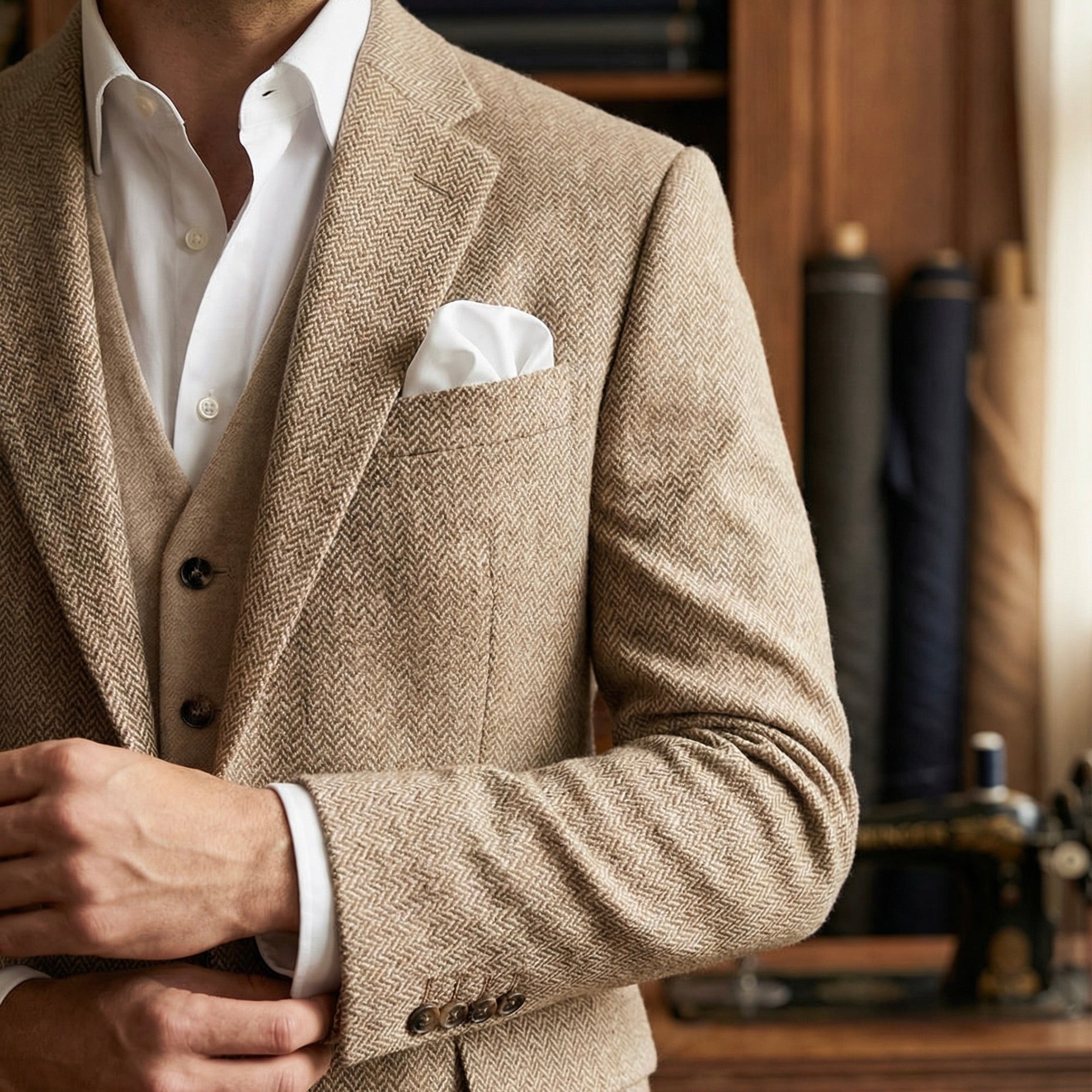Beige Herringbone Blazer