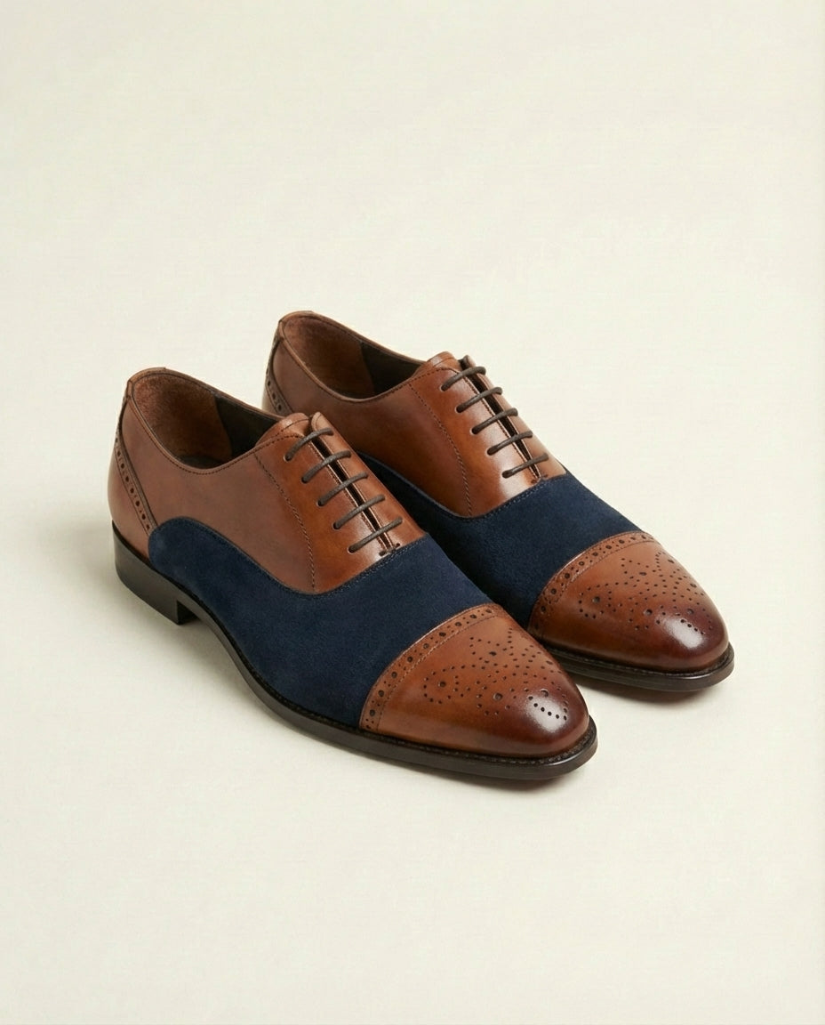 Tan Leather and Navy Suede Cap Toe Oxford