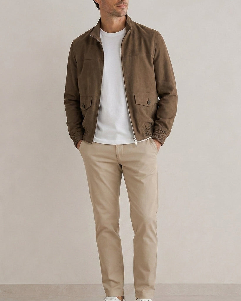Man wearing a brown jacket, white shirt, and beige pants against a plain background