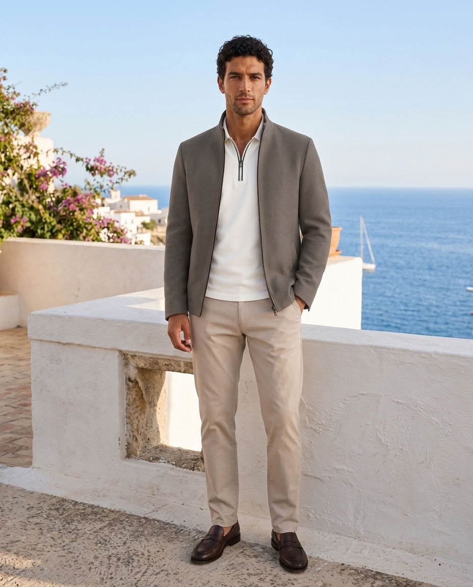 Belgrave Stand Collar Jacket – Taupe – Silk Cashmere Collection