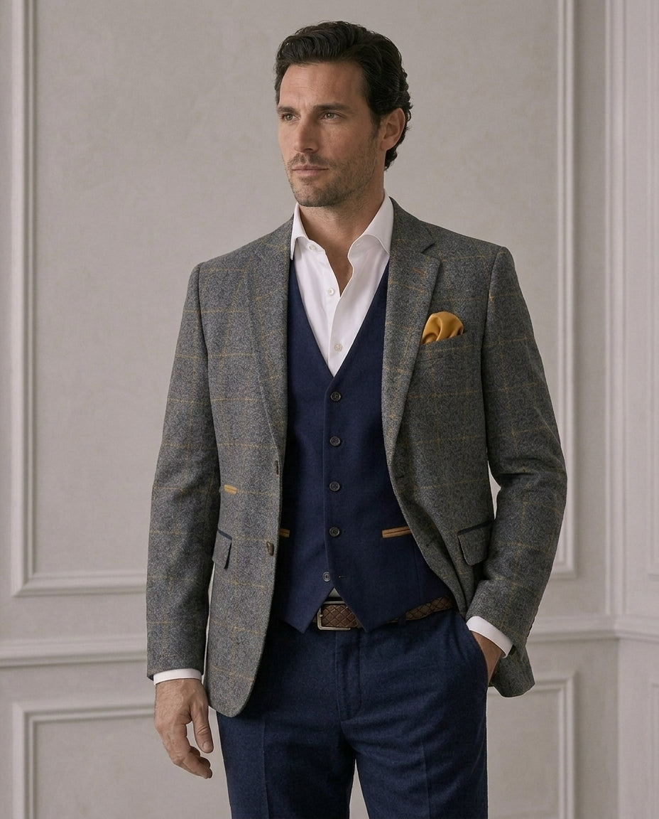 Grey Overcheck Wool Blend Blazer – Regular Fit – Made in Italy