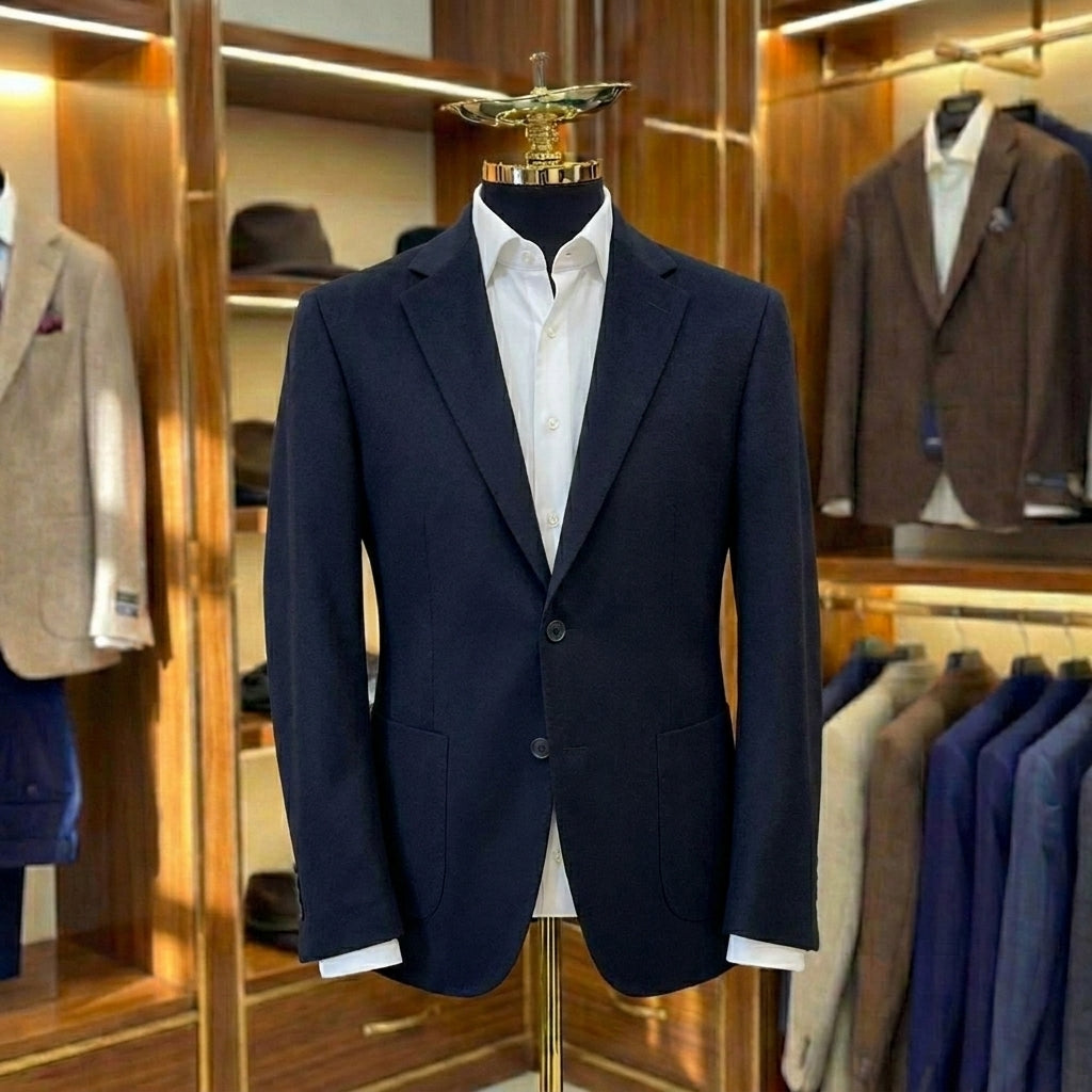 Navy blazer on a mannequin in a clothing store setting with other suits in the background.