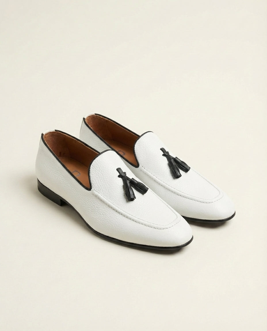 White Leather Tassel Loafers with Black Trim