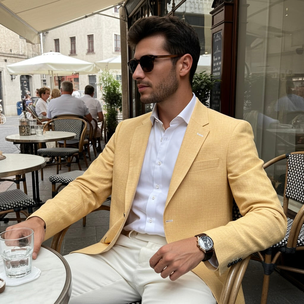 Italian Pure Linen Blazer in Amalfi Yellow with White Contrast Trim