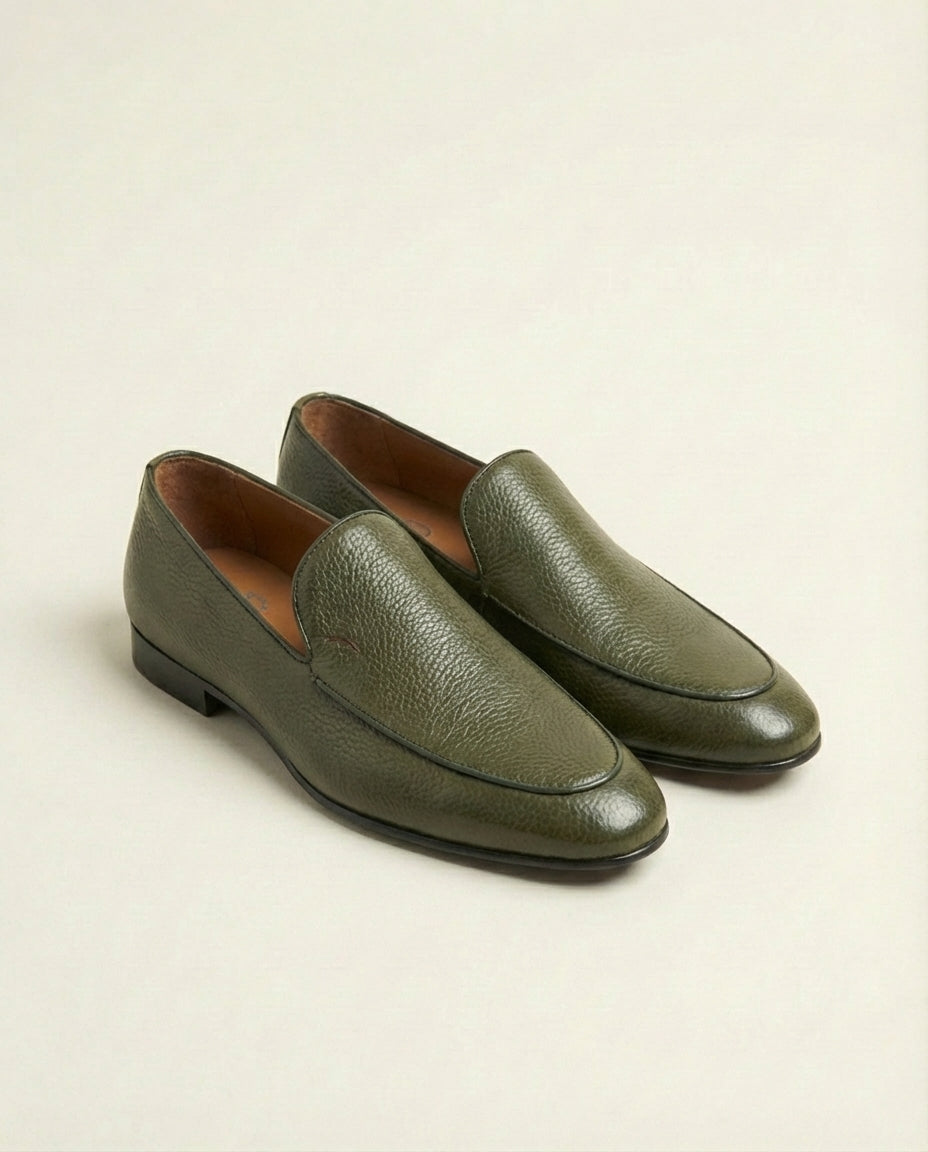 Green Textured Leather Slip-On Shoes