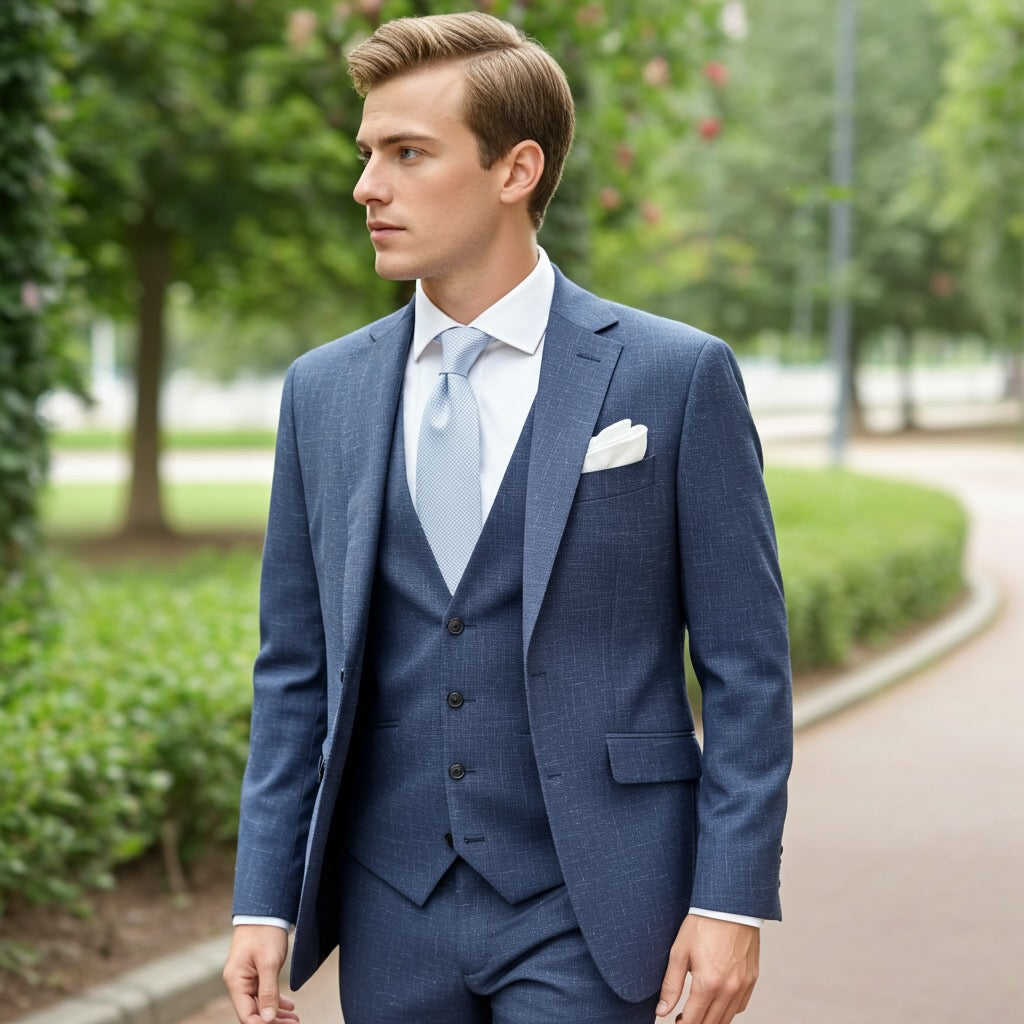 Italian 3-Piece Blue Suit – White Fleck Design, 100% Lana Virgin Wool