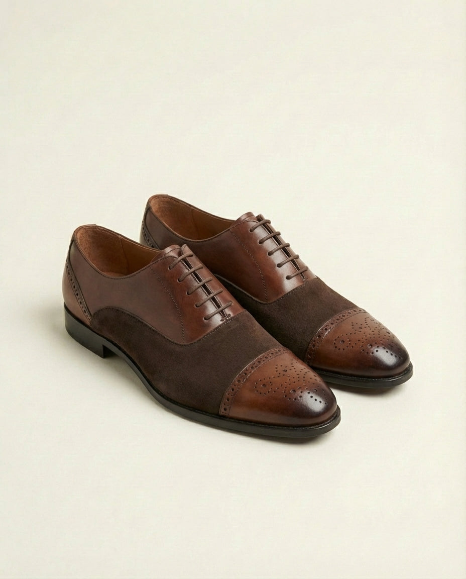 Brown Leather and Suede Cap Toe Oxford
