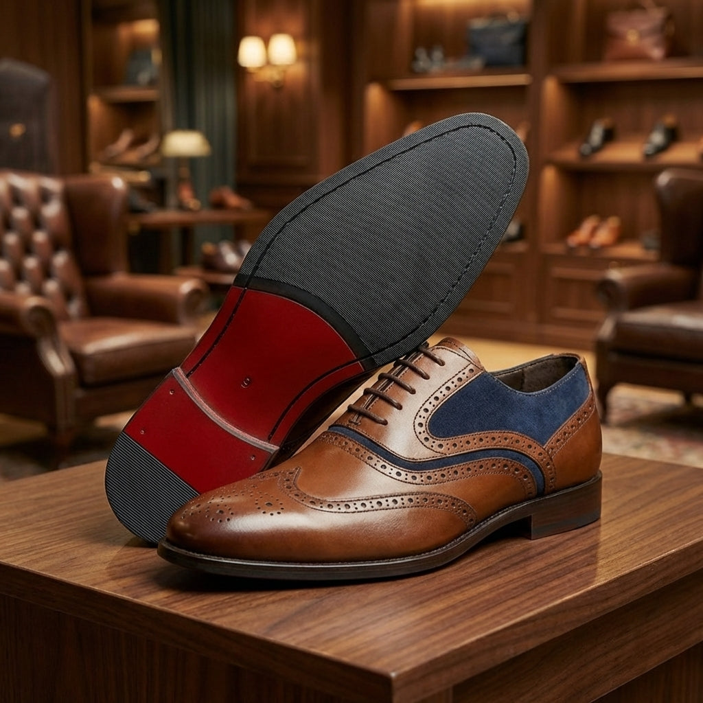 Tan and Navy Leather Wingtip Brogue Oxfords