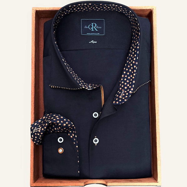 Navy Cotton Shirt with tan collar stitching and tan alcantara trim along the inside button placket