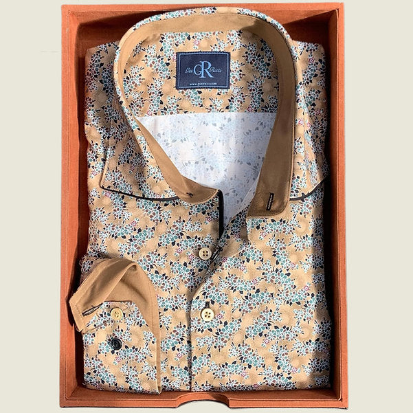 Camel Floral Shirt with Contrast Collar