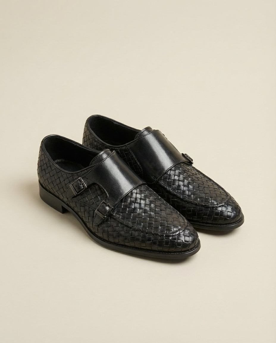 Black Woven Leather Double Monk Strap Shoes