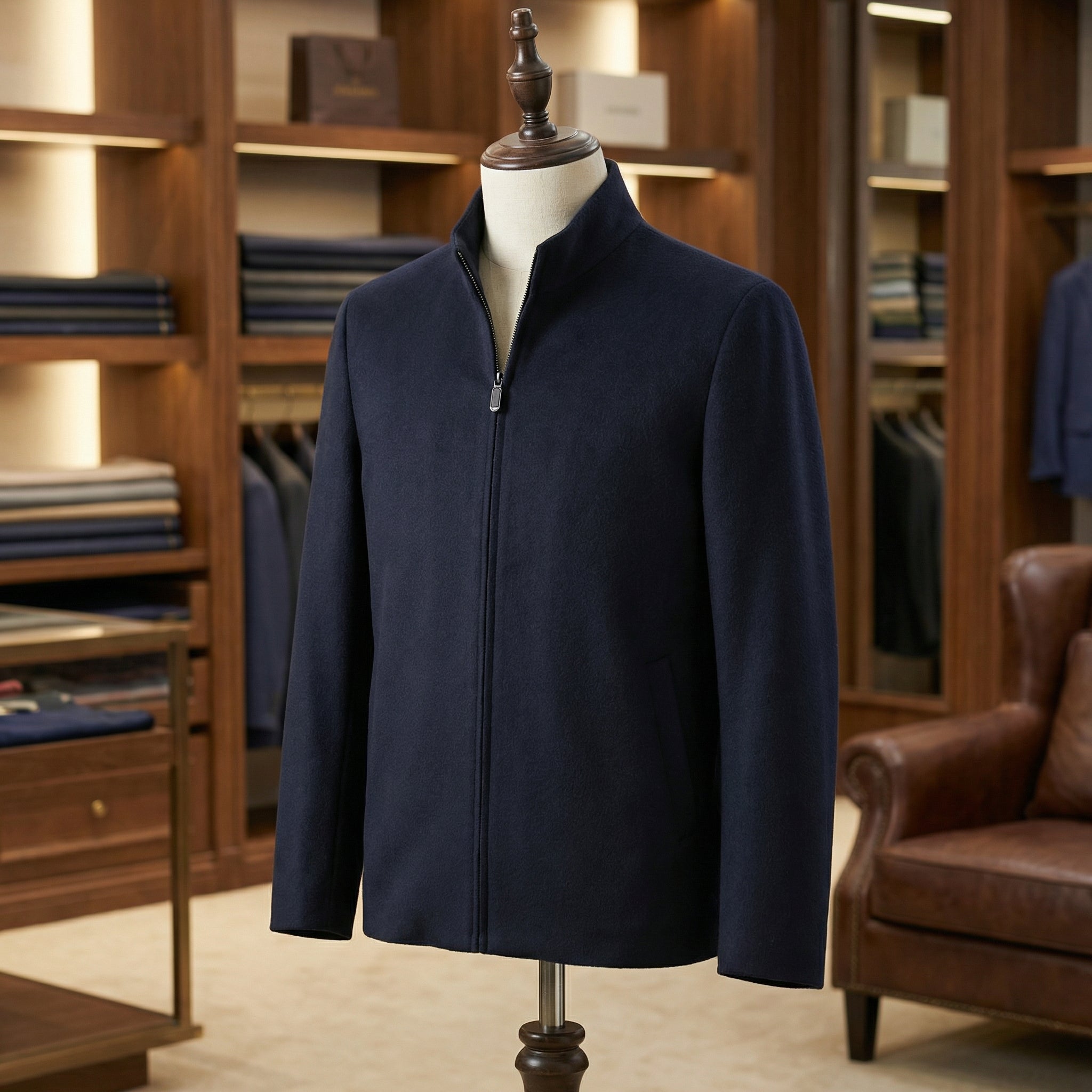 Wool & Cashmere Stand Collar Jacket - Navy