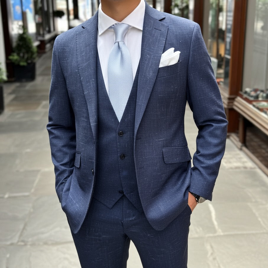Italian 3-Piece Blue Suit – White Fleck Design, 100% Lana Virgin Wool