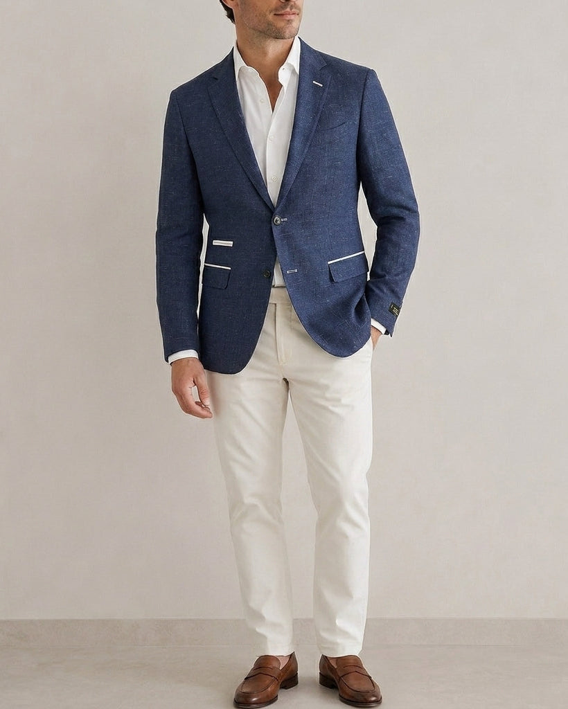 Man wearing a blue blazer, white shirt, and white pants against a plain background
