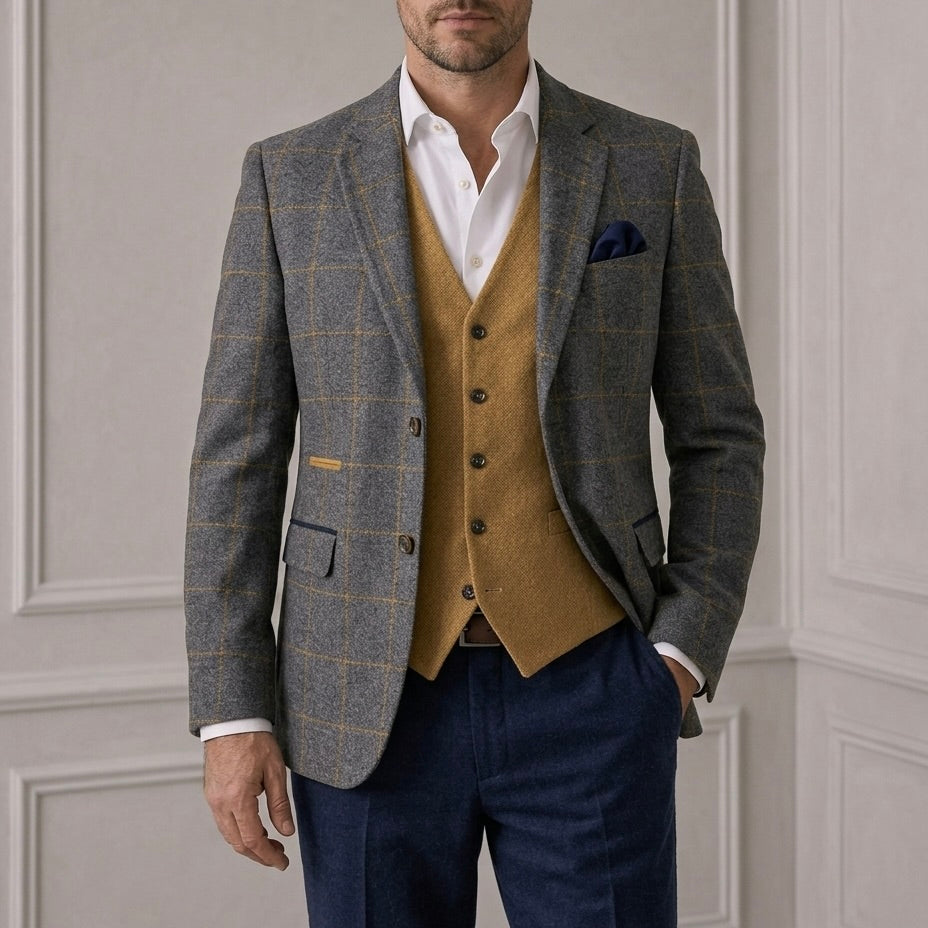 Grey Overcheck Wool Blend Blazer – Regular Fit – Made in Italy
