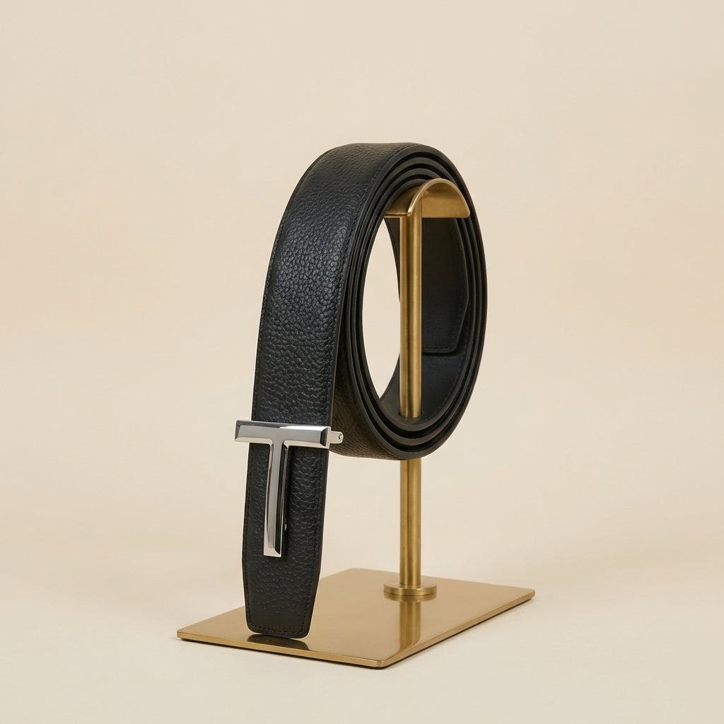 Pebble-Grain Leather Belt with Signature T Buckle