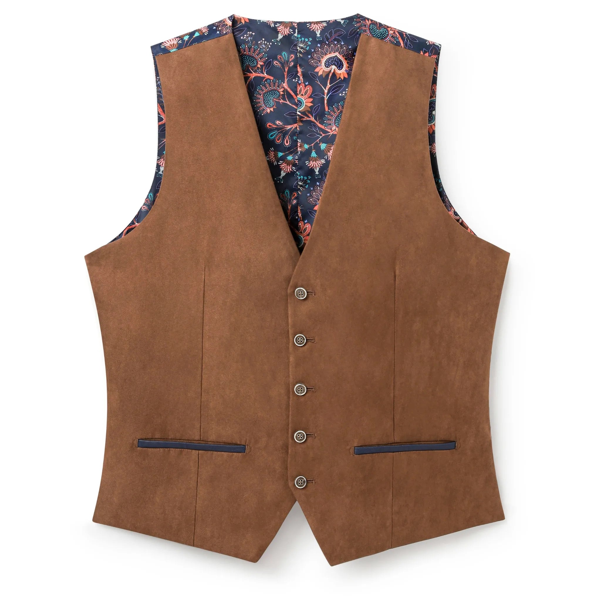 Brown Alcantara Waistcoat with Navy Faux Leather Trim