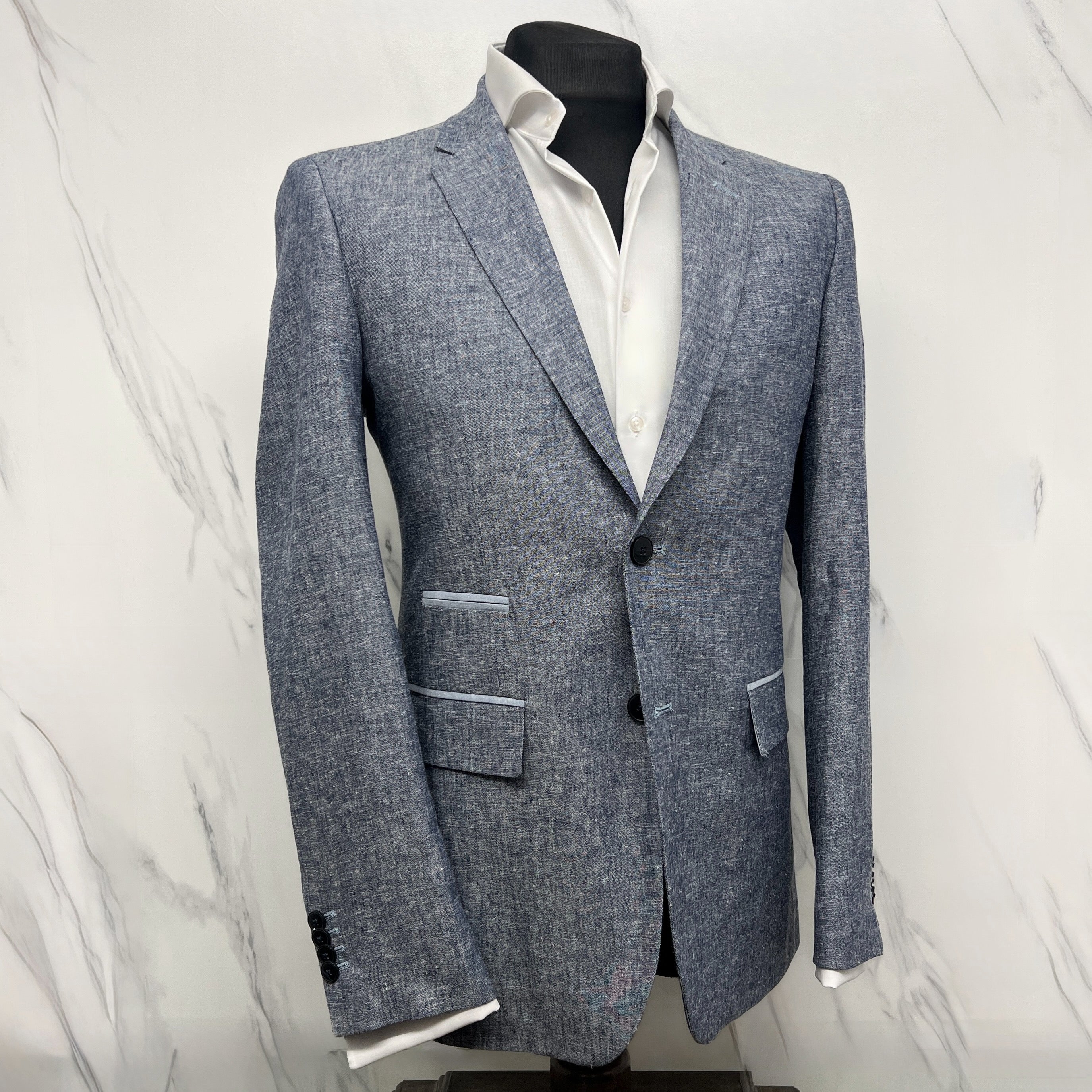 Italian Pure Linen Blazer in Sky Mélange with Contrast Trim
