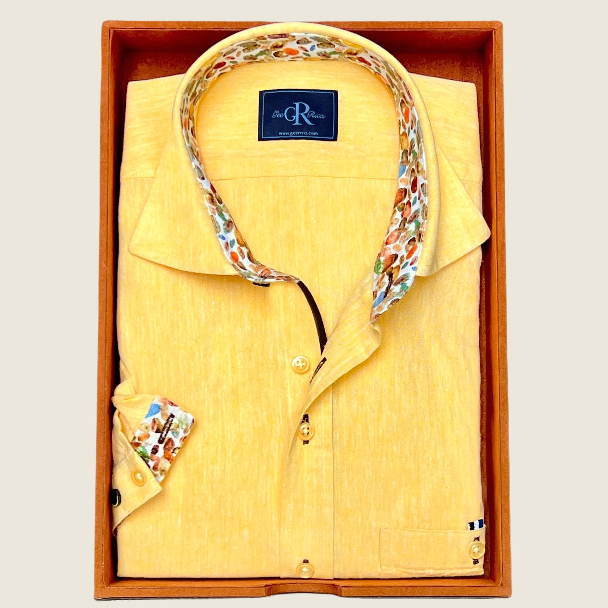 Yellow cotton and linen short sleeve men’s shirt with concealed button-down collar, available in sizes S - 5XL