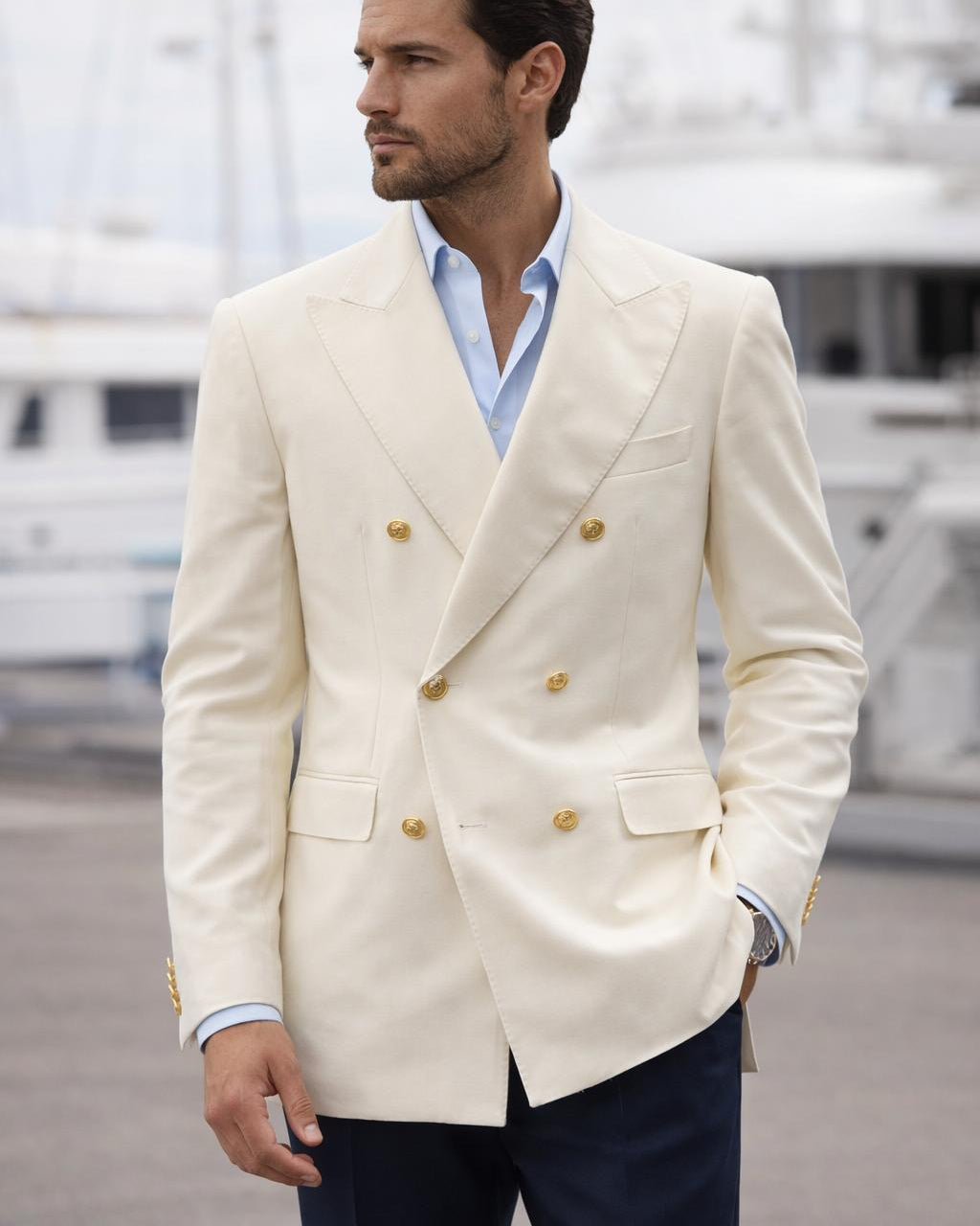 Man wearing a cream blazer with gold buttons and navy pants.