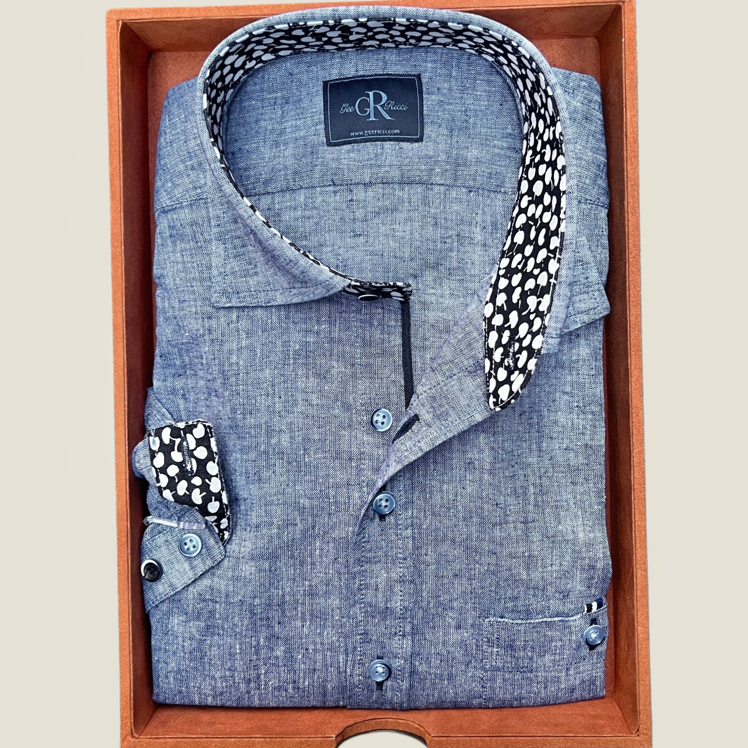 Blue Cotton & Linen Short Sleeve Shirt with concealed button-down collar available in sizes Small - 5XL