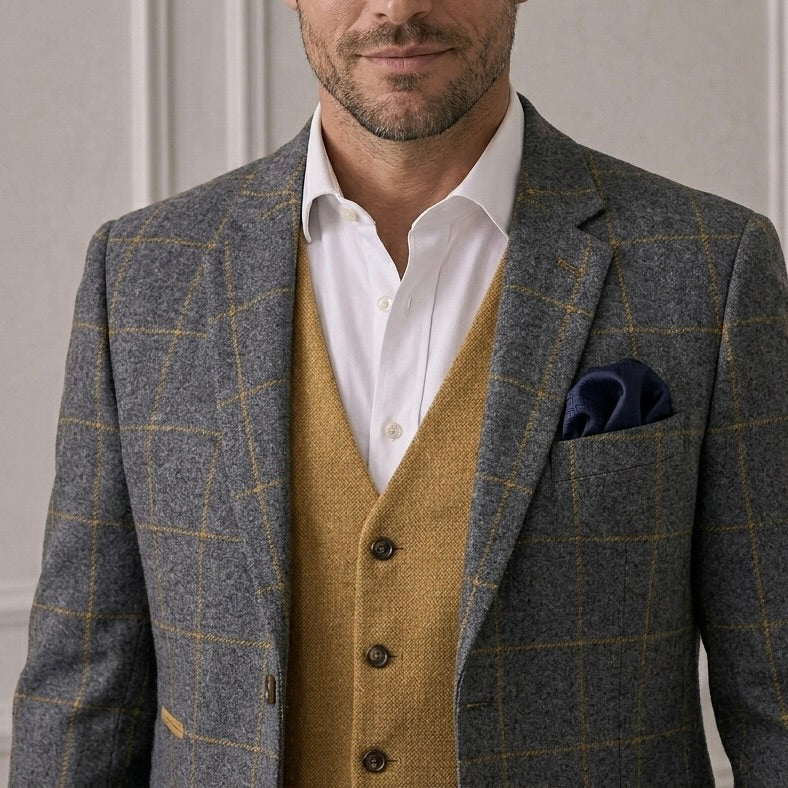 Grey Overcheck Wool Blend Blazer – Regular Fit – Made in Italy