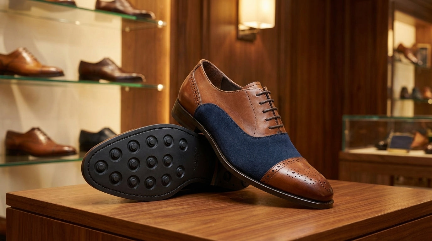 Tan Leather and Navy Suede Cap Toe Oxford