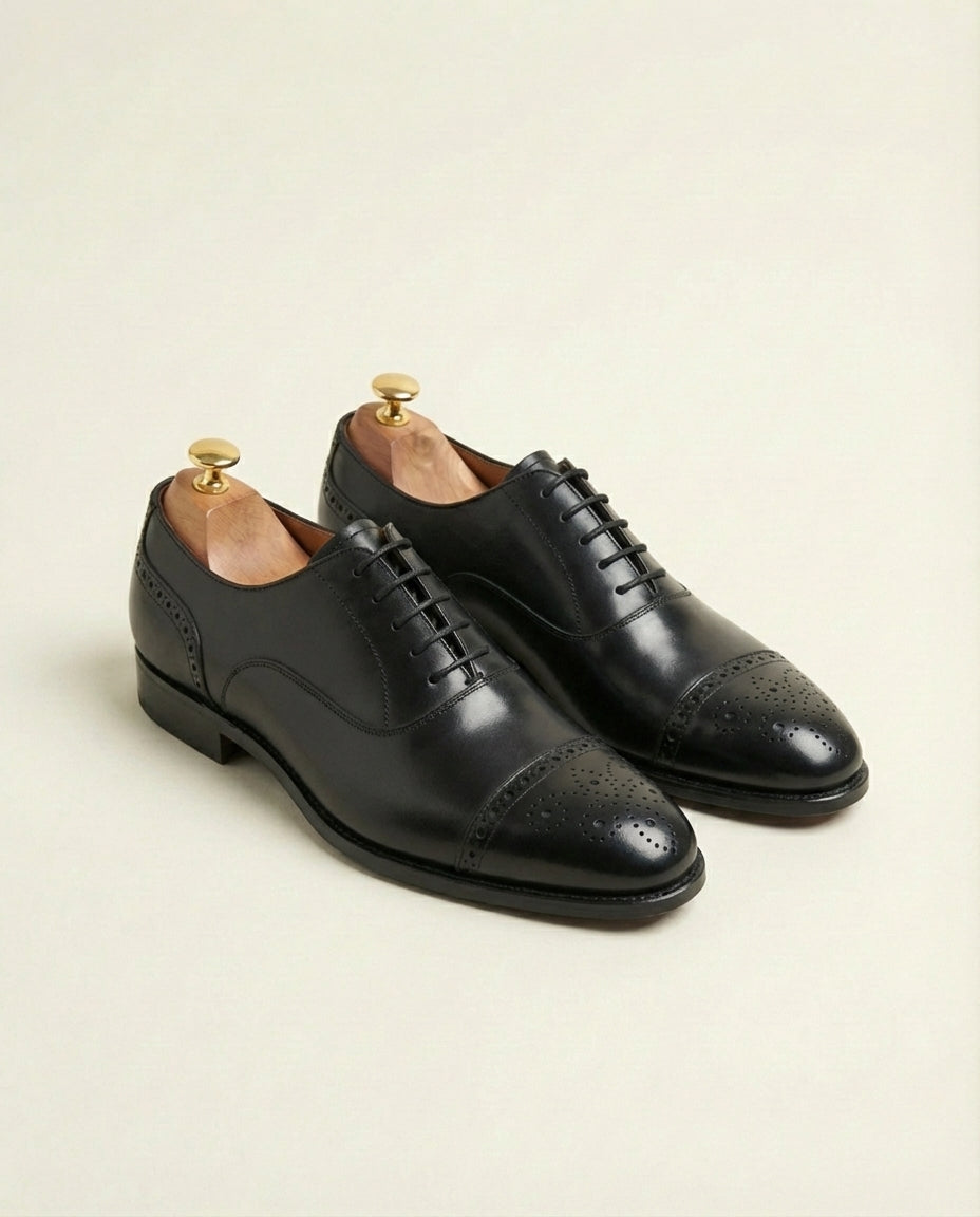 Black Leather Brogue Cap Toe Oxford