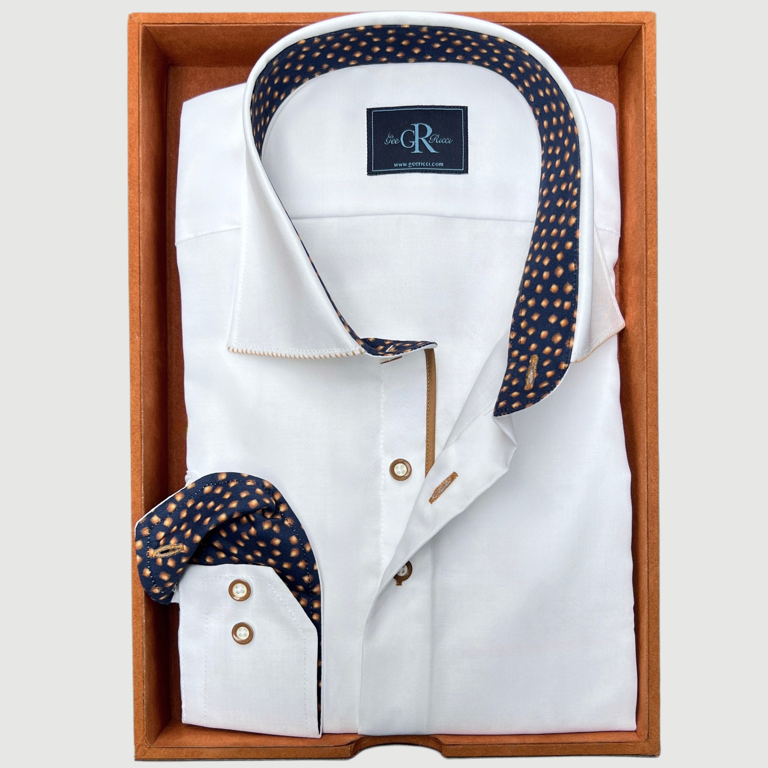 White cotton long sleeve men’s shirt with concealed button-down collar, available in sizes S - 5XL
