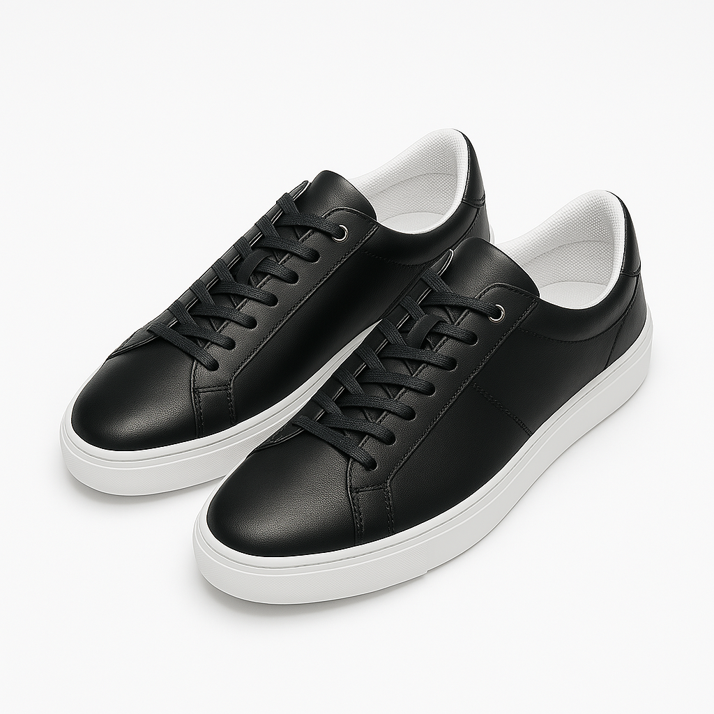 Black Leather Low-Top Sneakers with White Sole