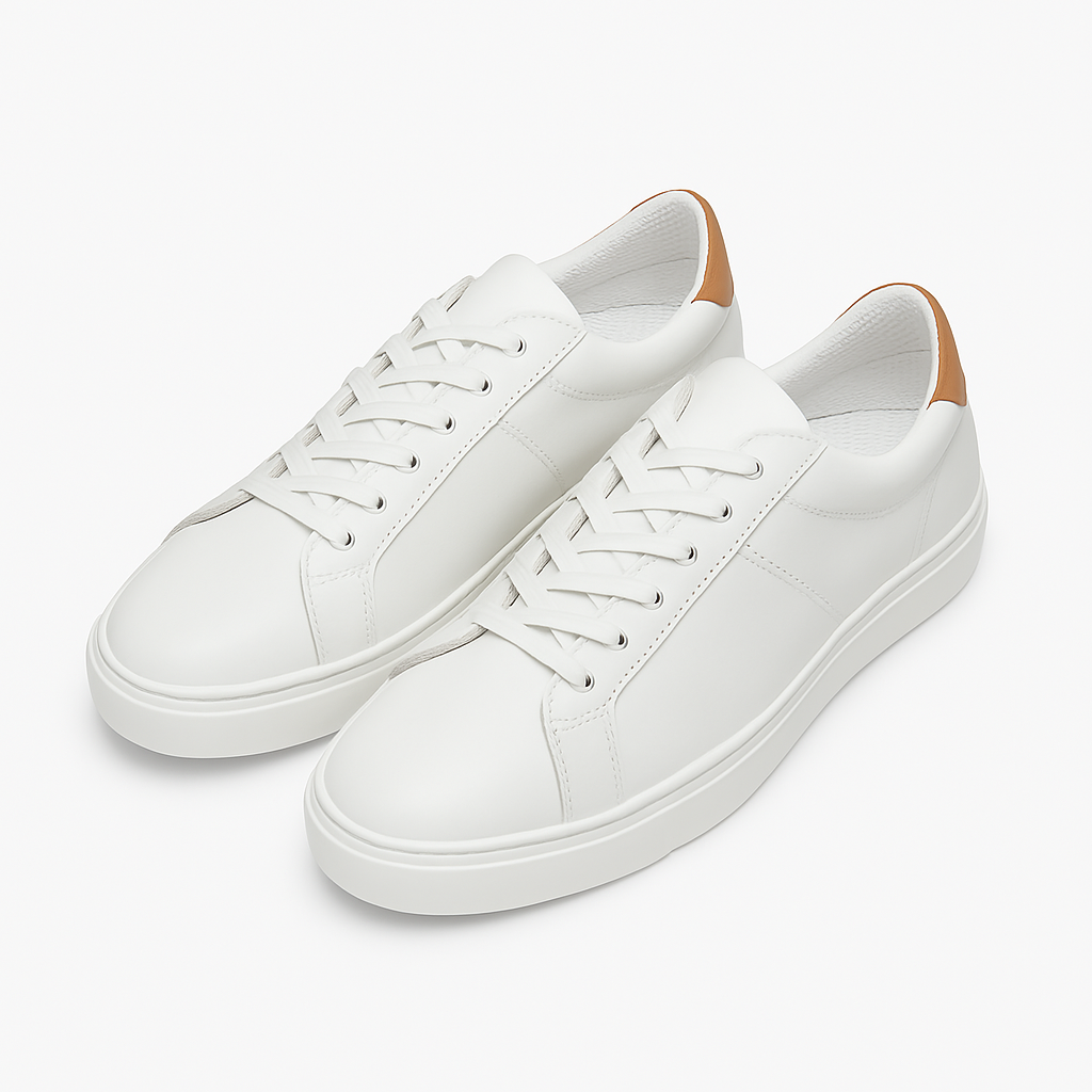 White Leather Low-Top Sneakers with Tan Heel Tab