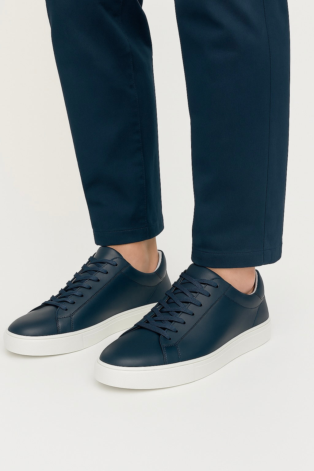 Navy Leather Low-Top Sneakers with White Sole