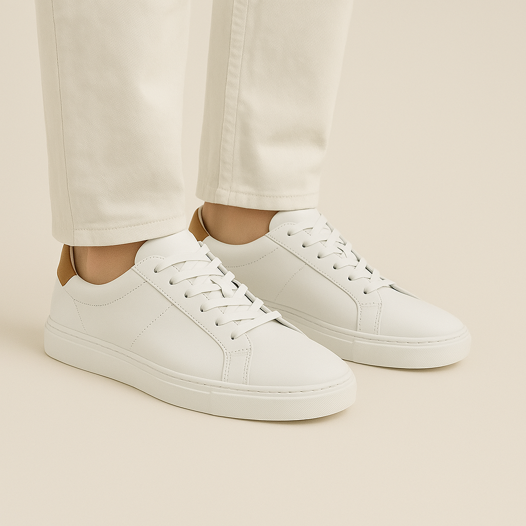 White Leather Low-Top Sneakers with Tan Heel Tab