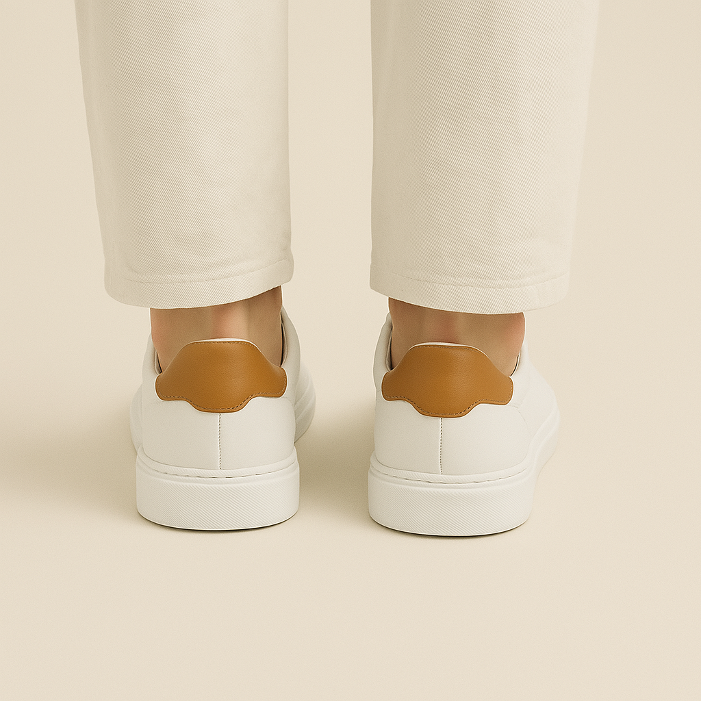 White Leather Low-Top Sneakers with Tan Heel Tab
