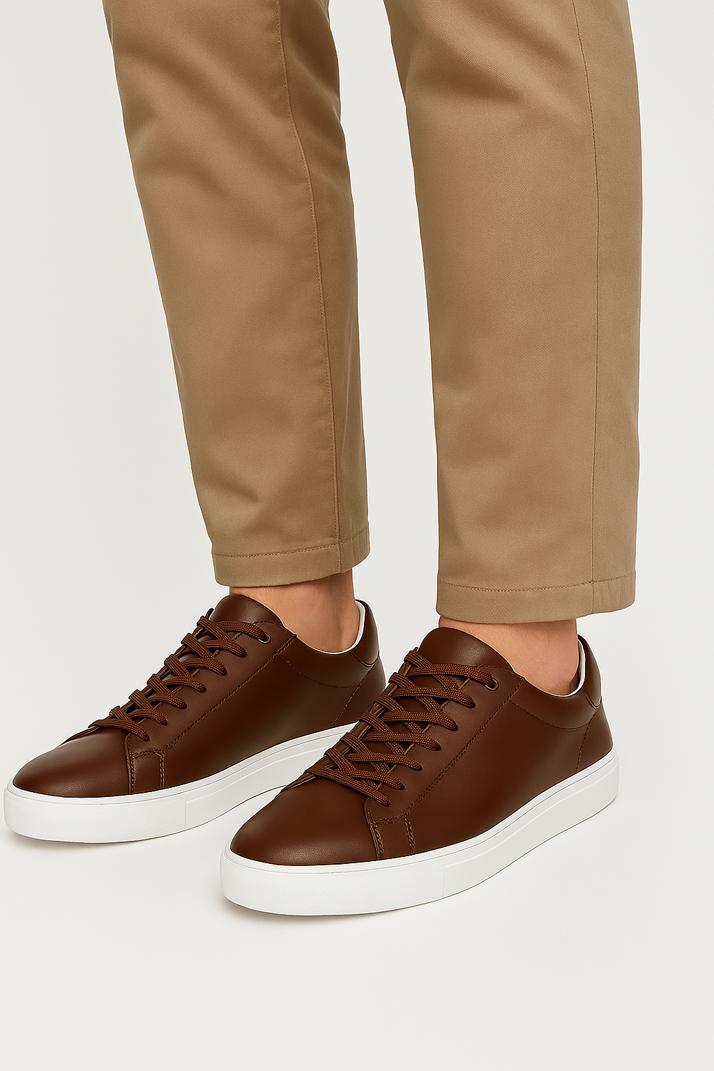 Men’s Dark Brown Leather Low-Top Sneakers with White Sole