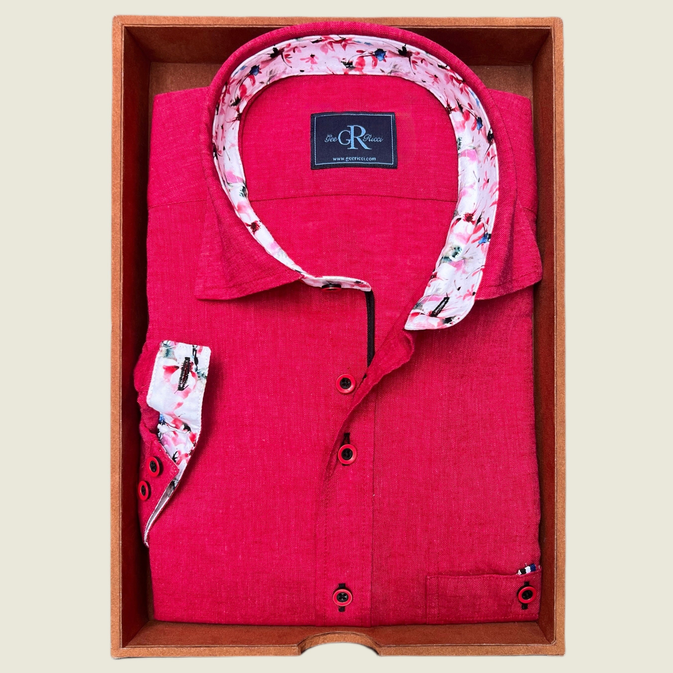 Red cotton and linen short sleeve men’s shirt with concealed button-down collar, available in sizes Small- 5XL