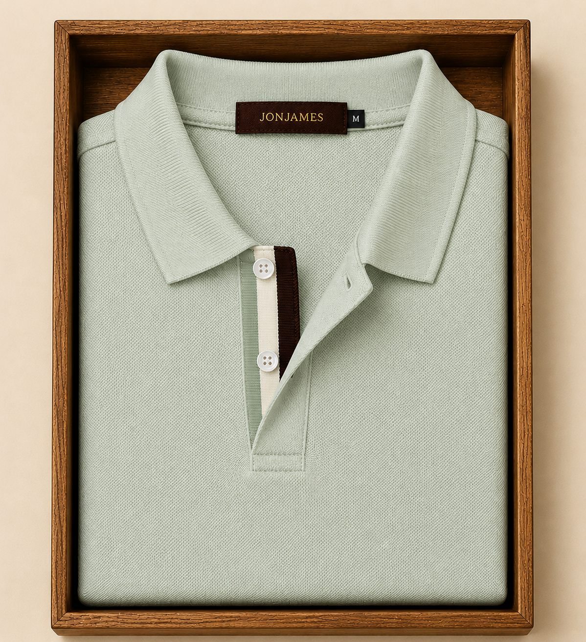 Light green polo shirt with 'JonJames' label in a wooden box on a beige background