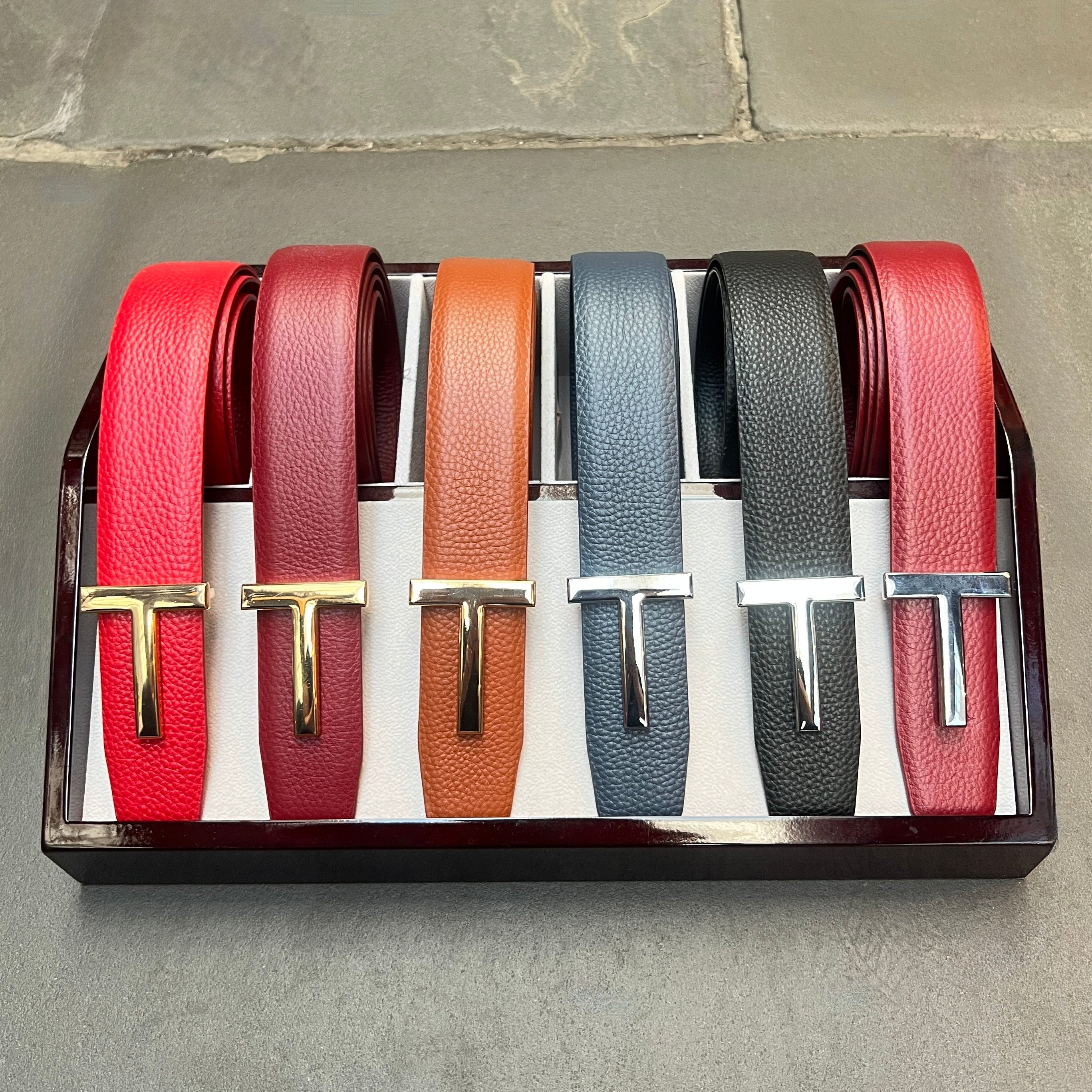 Pebble-Grain Leather Belt with Signature T Buckle