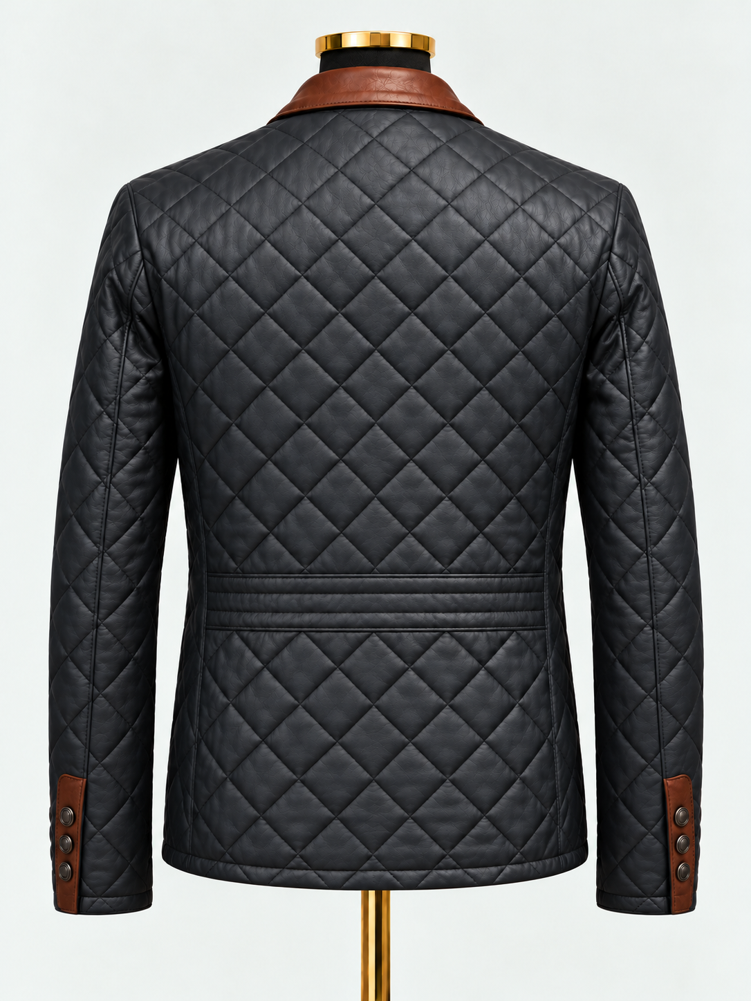 Dark Evening Blue Bentley Diamond Signature Leather Jacket – back view on gold mannequin