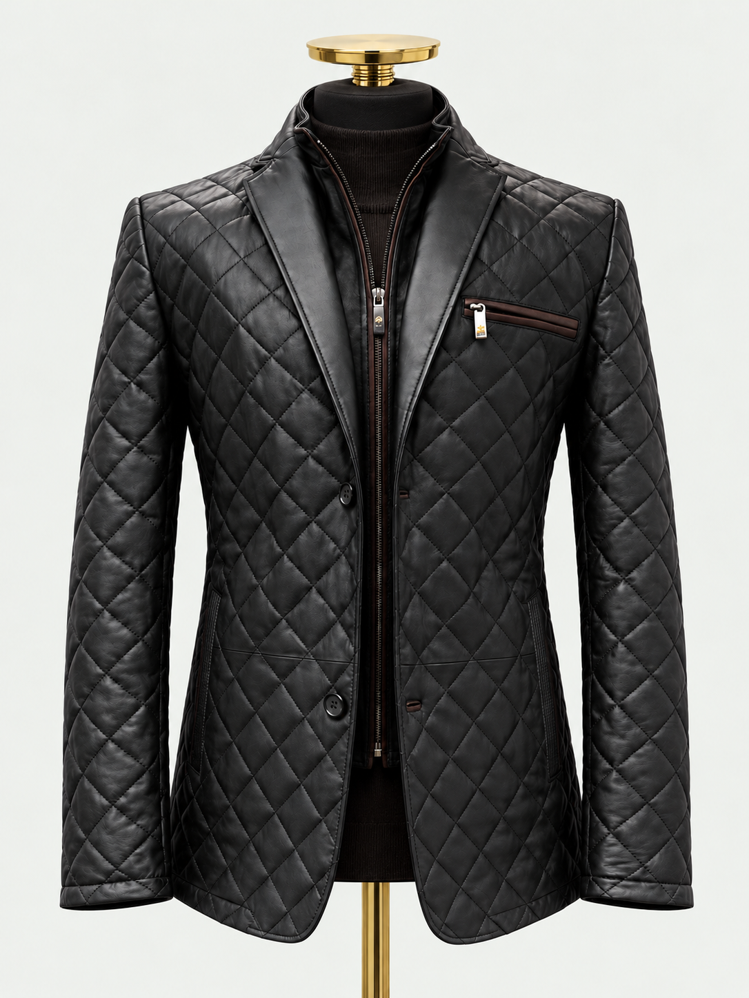 Black Bentley Diamond Hybrid Leather Jacket on a black mannequin against a pale grey background