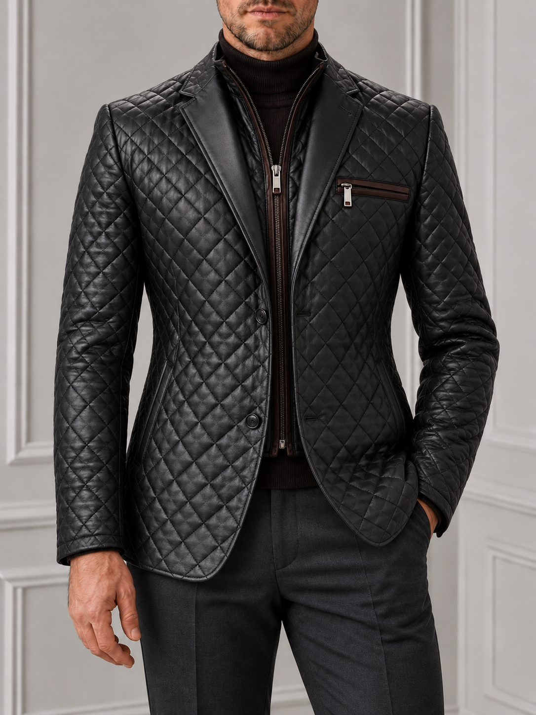 Black Bentley Diamond Hybrid Leather Jacket on model against a pale grey panelled background