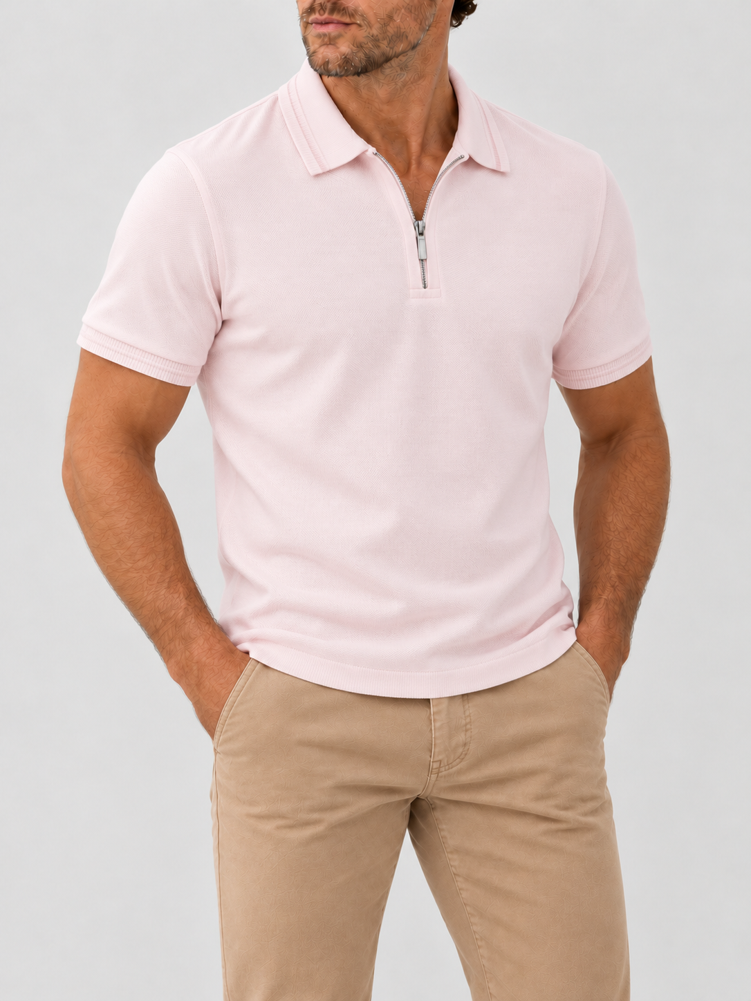 Blush Pink Knit Polo - Regular Fit on model against pale grey background