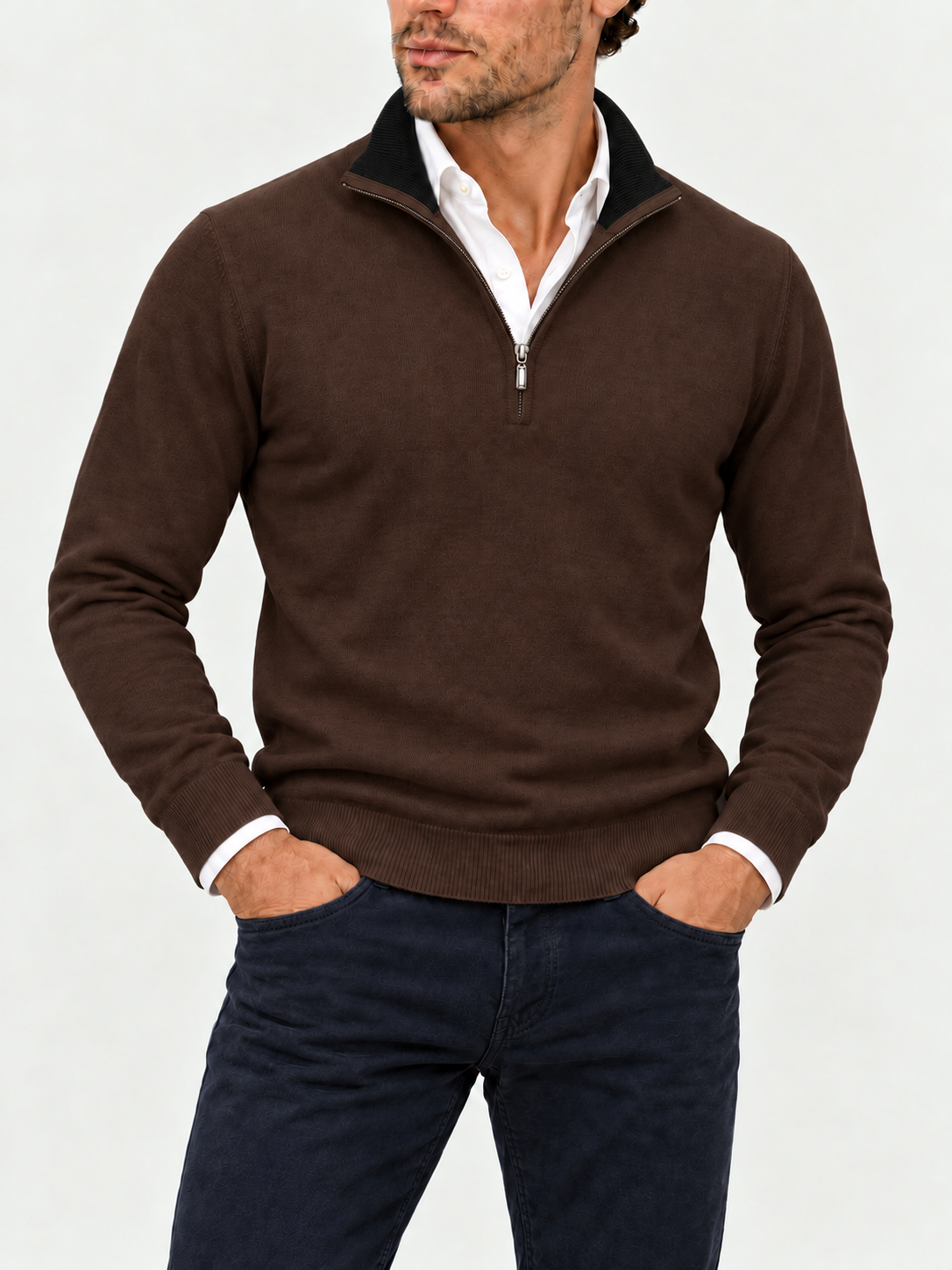 Brown Midnight sweater with black inner collar, styled with navy Holiday moleskin jeans