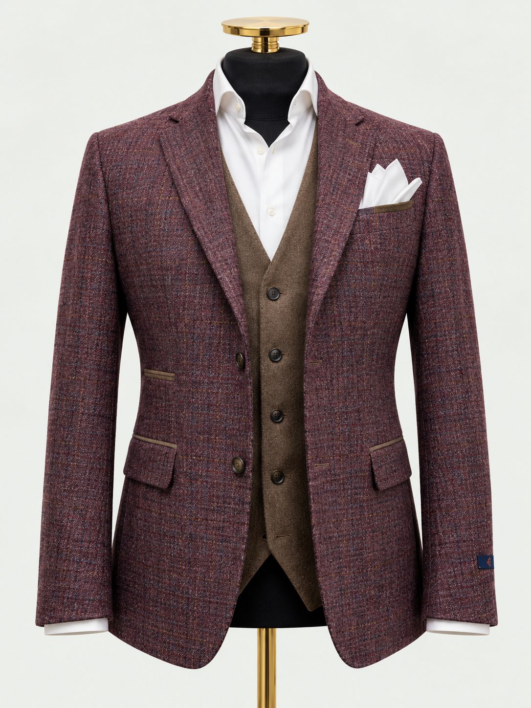 Burgundy Italian Virgin Wool Blazer with Contrast Trim on black mannequin with gold neck cap