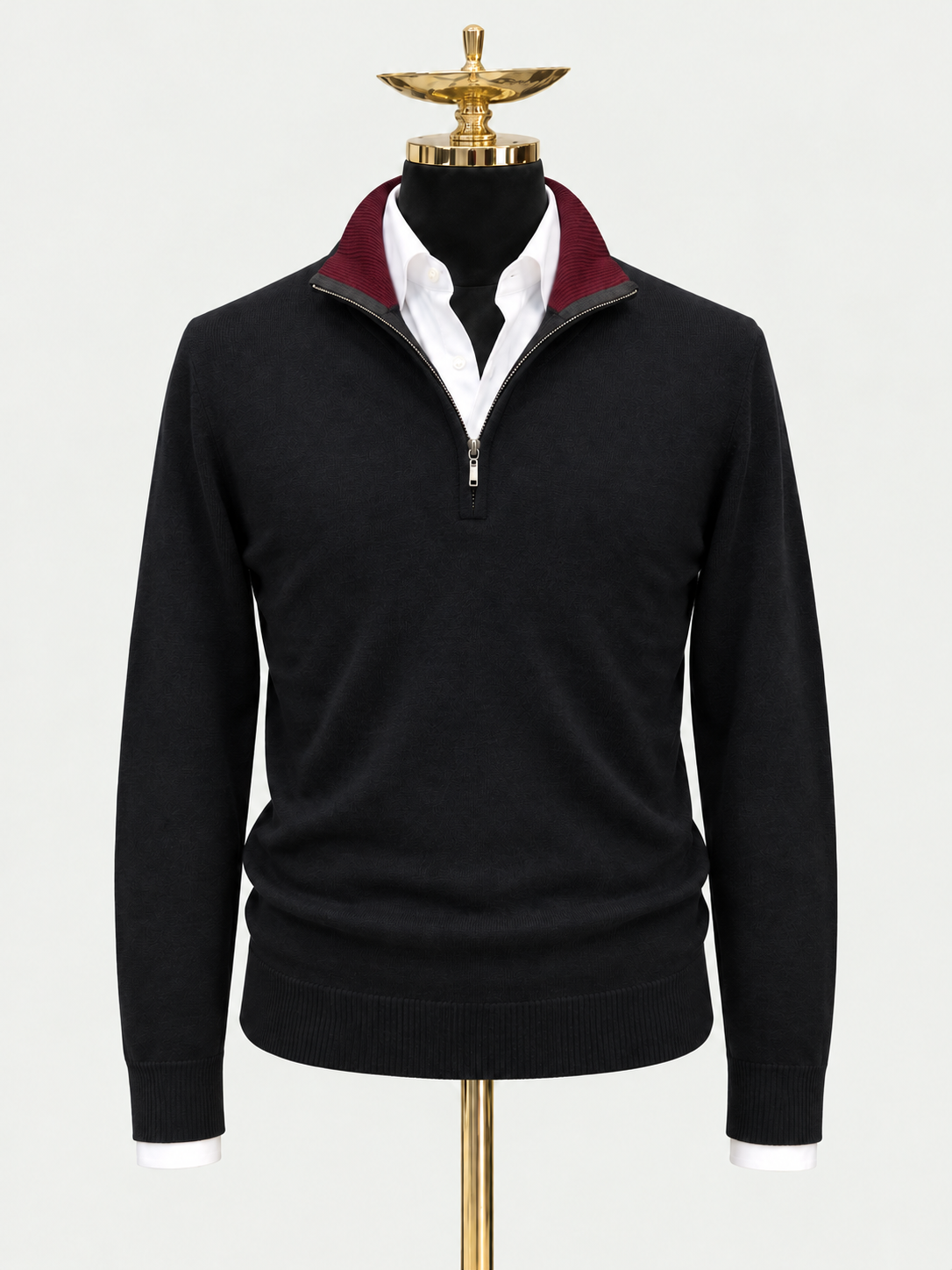 Burgundy Night on a gold mannequin with a pale grey background